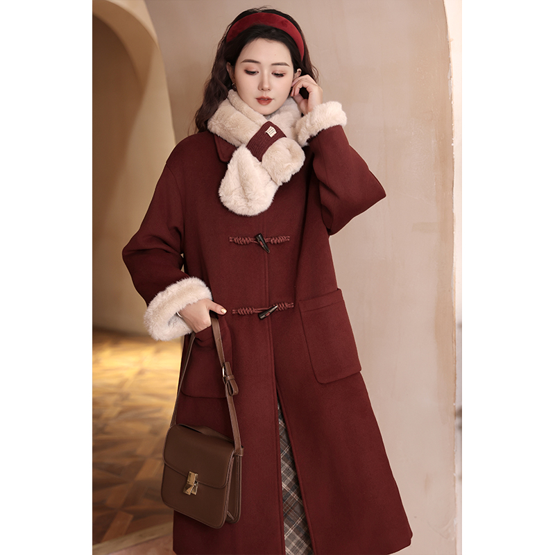学院派对~冬季加厚中长款复古宽松羊毛女装牛角扣毛呢大衣女外套