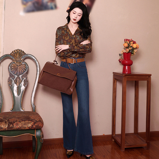 女紧身牛仔长裤 显瘦高腰百搭春秋季 复古深蓝色微喇叭修身 自留款