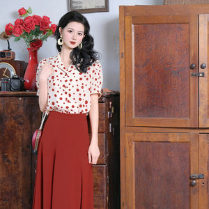 霓虹光影~法式复古夏季女装波点风减龄穿搭[短袖衬衫+高腰半身裙]