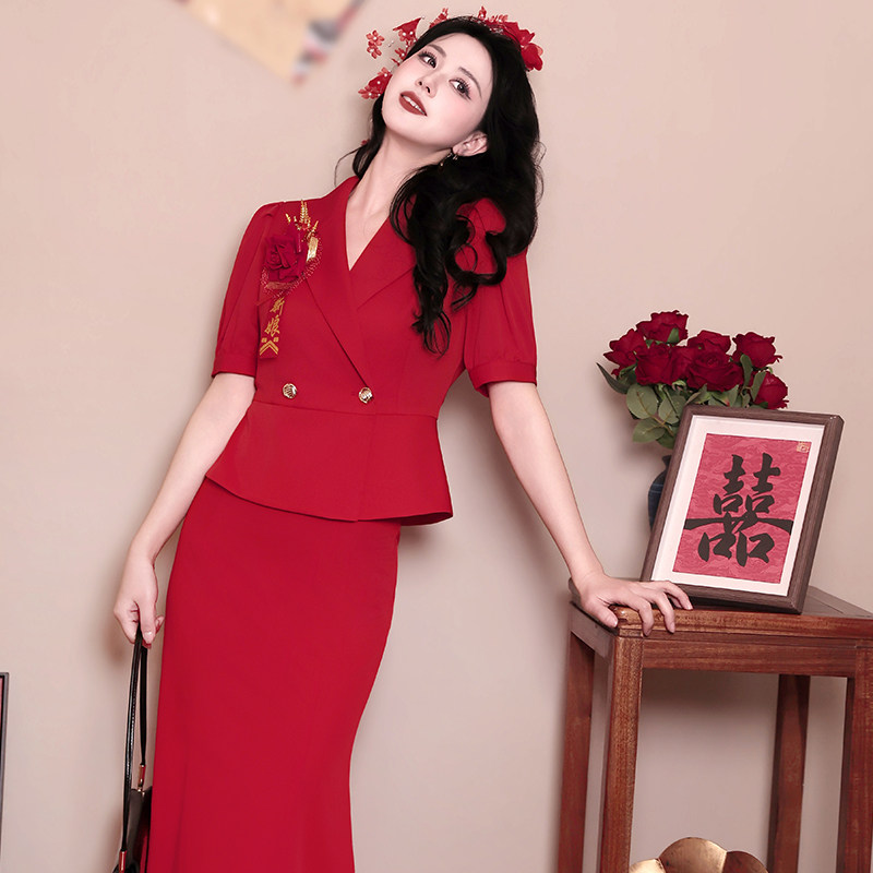 金玉良缘～夏季喜庆红色修身显瘦新娘结婚回门敬酒服套装两件套