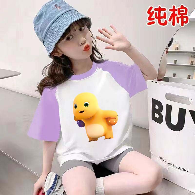 男女童100%纯棉短袖t恤2026新款小奶龙洋气夏装中大童插肩打底衫
