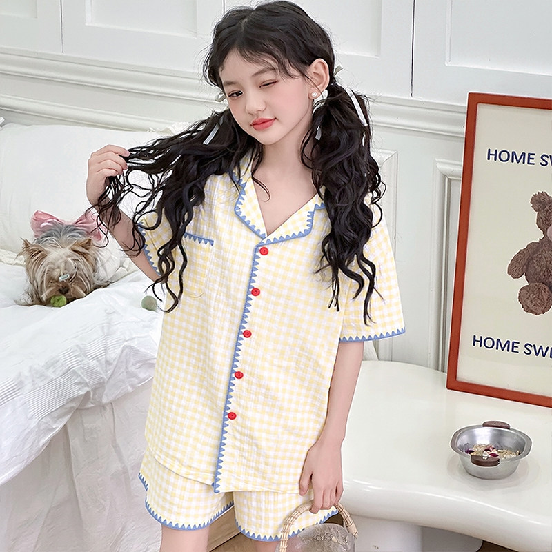 可爱女童睡衣2026新款夏季款云朵棉开衫短袖两件套儿童女孩家居服