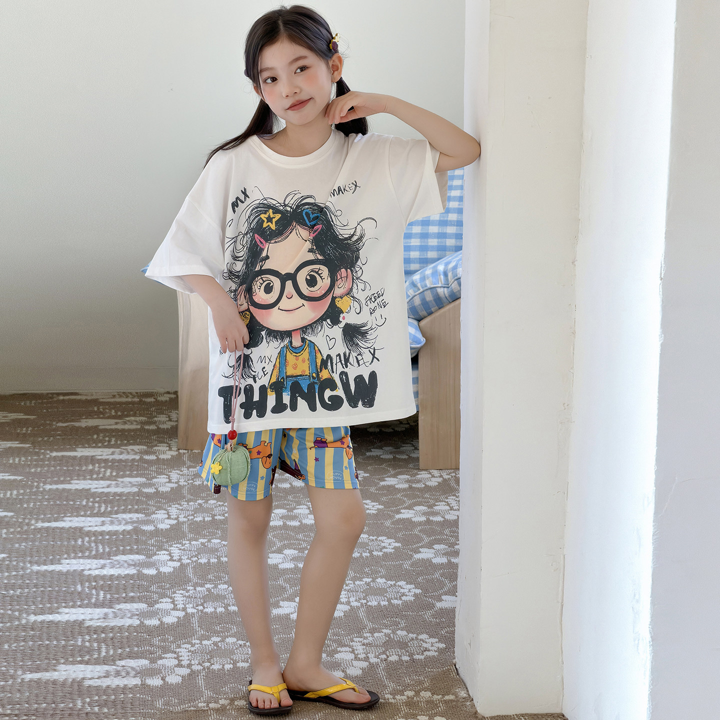女童睡衣夏季新款凉感短袖卡通可爱纯棉中大童可外穿家居服套装