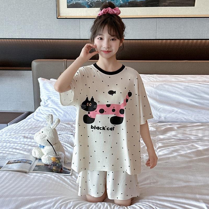 女童夏季纯棉波点可外穿睡衣套装