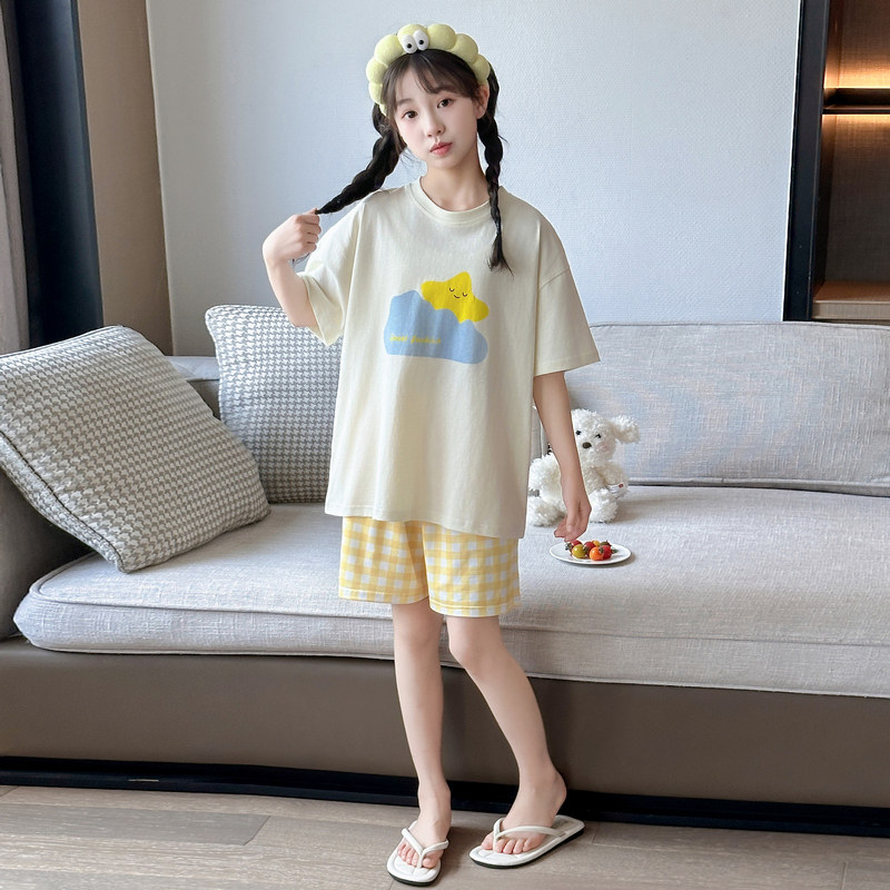 女童纯棉夏季短袖卡通睡衣套装