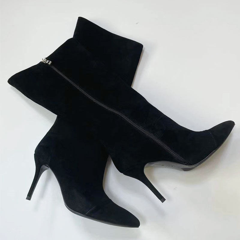 2023秋冬新品黑色真皮高跟尖头细跟长靴欧美女靴高筒靴侧拉链女鞋