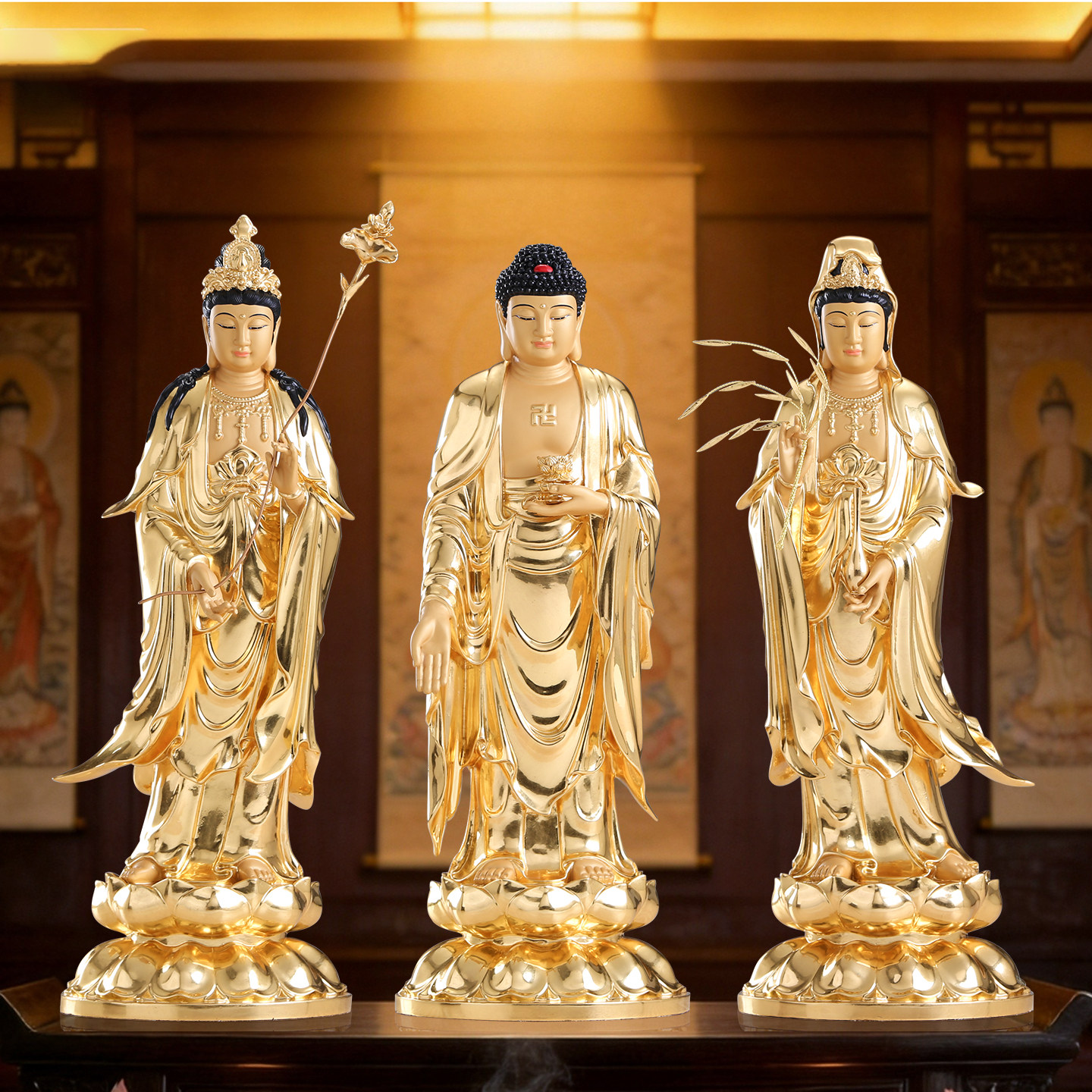 纯铜贴金西方三圣佛像阿弥陀佛观音菩萨大势至菩萨家用供奉摆件