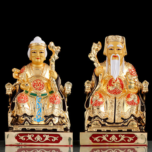 铜鎏金土地公土地婆福德圆通佛具