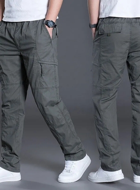 春秋季新款纯棉休闲工装裤男宽松运动多口袋青年加肥加大直筒长裤