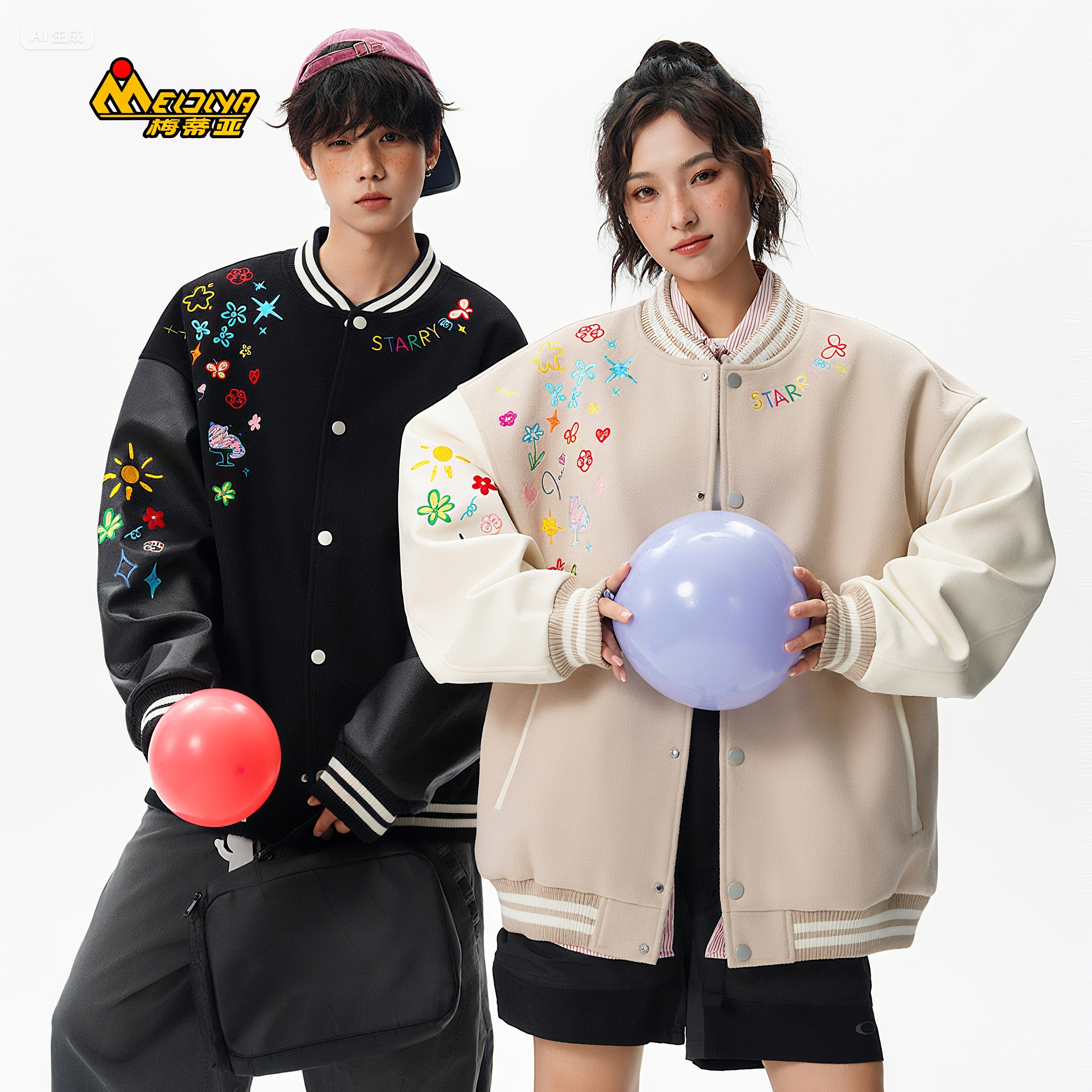 梅蒂亚情侣款国潮棒球服夹克男女春秋刺绣花外套宽松百搭学生上衣