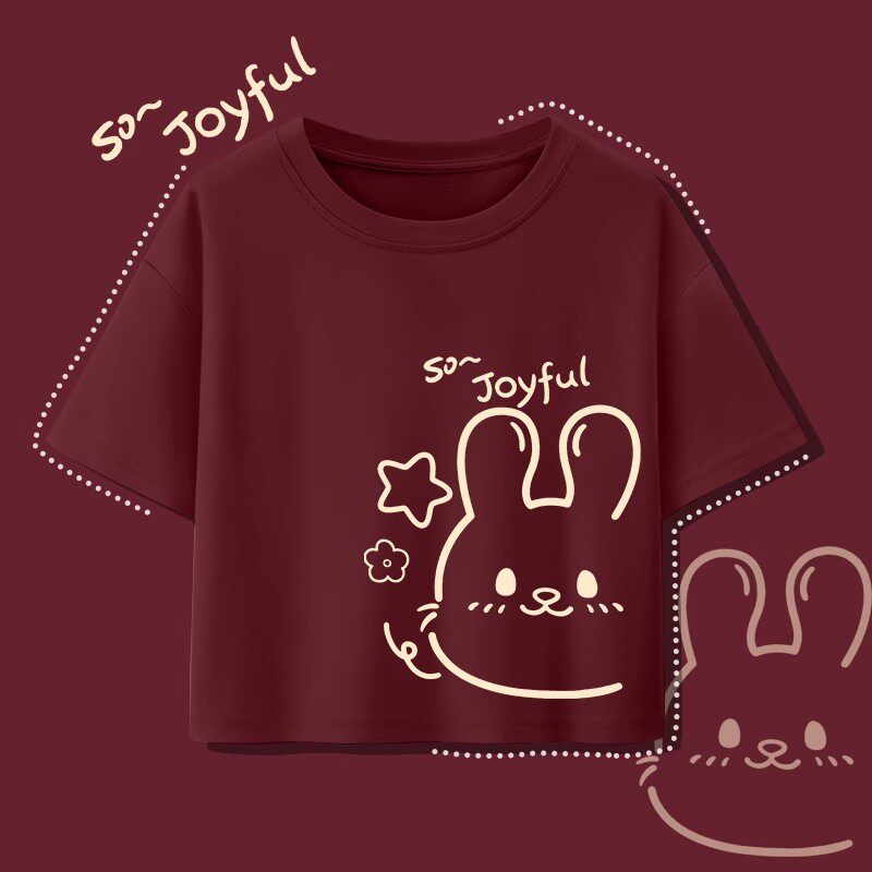 小个子今年流行可爱休闲风兔子印花短袖T恤女圆领宽松体恤衫潮女
