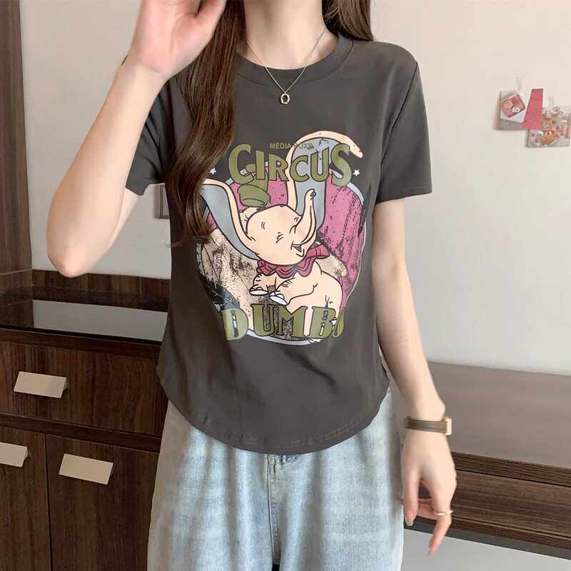 爆款印花小飞象短袖t恤女短款2024夏季纯棉修身短款印花洋气上衣
