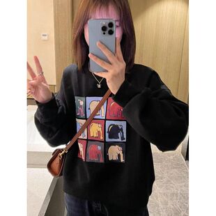 黑色圆领卫衣女春秋新款宽松套头打底衫加绒加厚内搭无帽长袖上衣