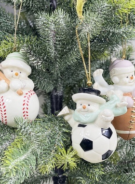 外贸出口陶瓷手绘雪人足球篮球圣诞挂件节摆件家居装饰品