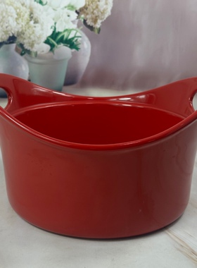 出口外贸陶瓷红色2.5L大容量双耳烤碗烘焙耐高温可进烤箱大汤碗