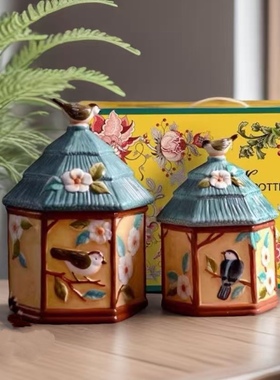 手绘浮雕釉下彩花鸟陶瓷收纳储物罐客厅摆件厨房干果糖果罐