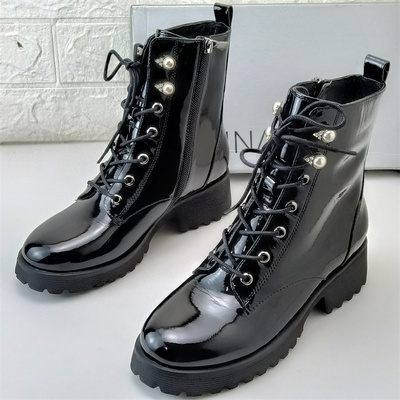 卡迪娜女鞋真皮马丁靴商场尾单撤柜断码处理牛漆皮英伦系带短靴女