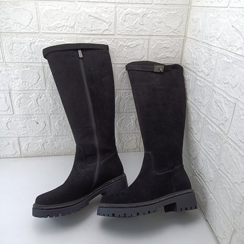 哈森品牌粗跟长靴正品撤柜断码处理冬季加绒高筒女鞋羊反绒皮女靴