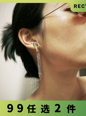 RECYCLE / 不规则琥珀流苏耳环 S925银不对称黄色岩石日韩y2k简约