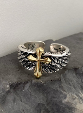 欧美原创复古翅膀十字架涂鸦字母开口戒指霸气个性男指环天使翅膀