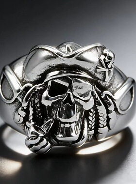 复古海盗船长骷髅戒指立体雕纹做旧质感开口可调节潮酷街头炸裂风