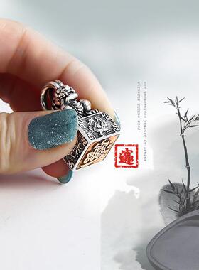 中式925银四神兽貔貅吊坠寓意复古泰银饰品个性男士貔貅印章吊坠