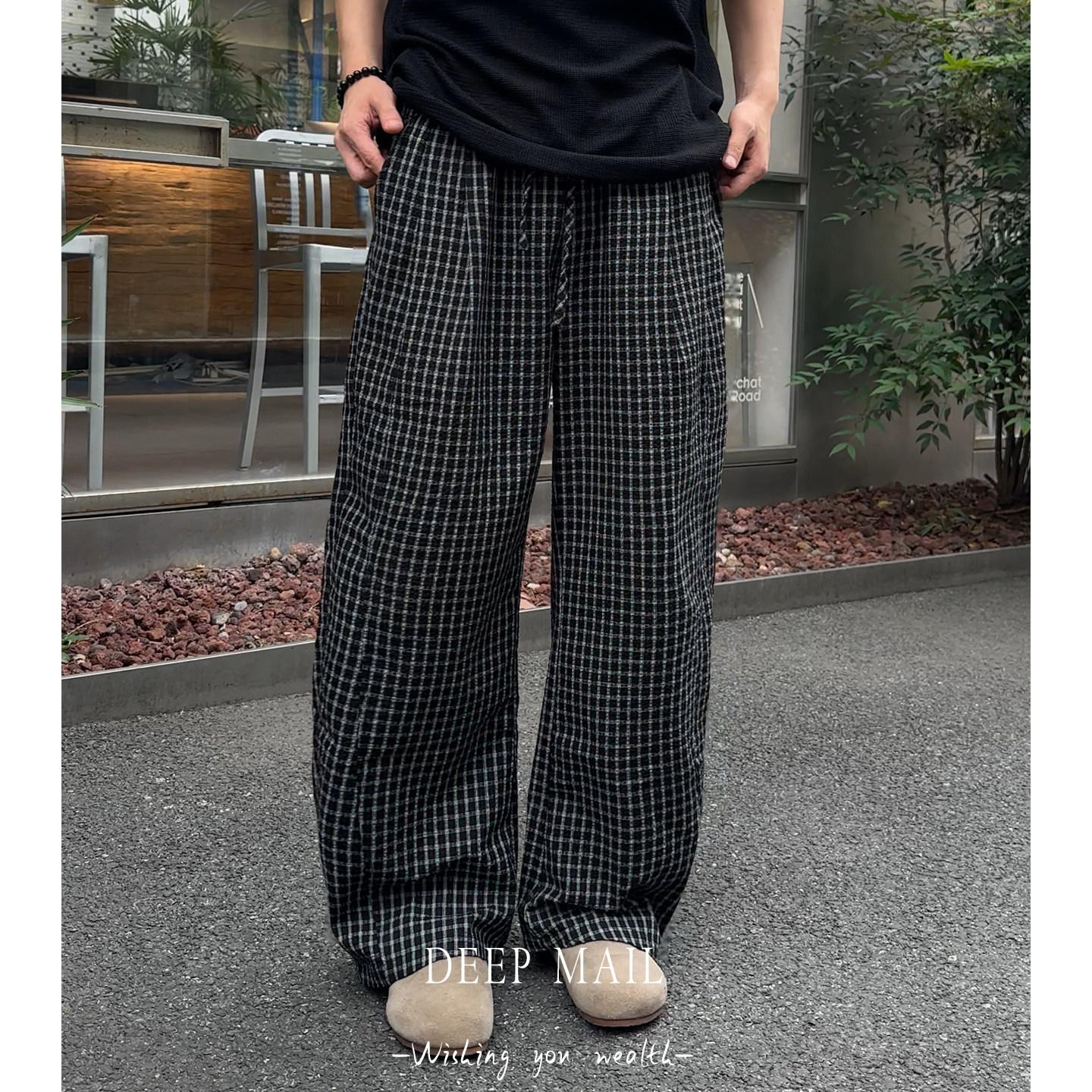 DEEPMAIL 夏季立体裁剪男士泡泡纱格子宽松弯刀阔腿休闲长裤