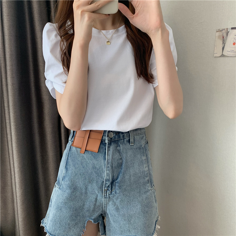 Internet celebrity T-shirt ins super hot pure cotton short-sleeved spring and summer new Korean style solid color puff sleeve top