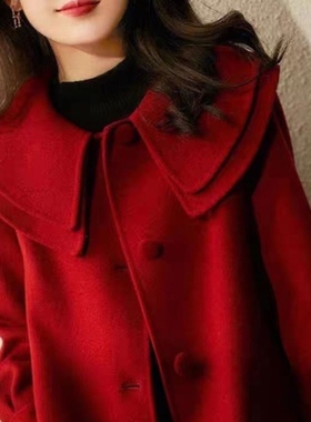 大码名媛风高端红色双面羊绒大衣女秋冬胖mm显瘦遮肉减龄毛呢外套