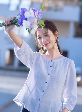 广州十三行品牌蓝色天丝亚麻衬衫女宽松2026年春秋季新款气质上衣