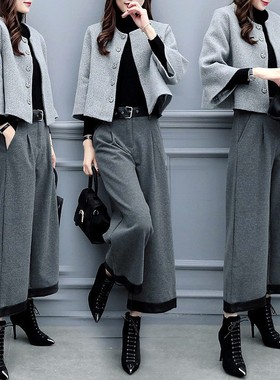 套装女2025秋冬新款时尚气质宽松韩版毛呢外套阔腿裤显瘦两件套潮