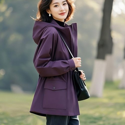 新款阔太太紫色连帽外套