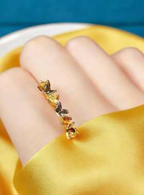 采金金钰小众碎冰冰金色开口戒指女时尚个性食指戒