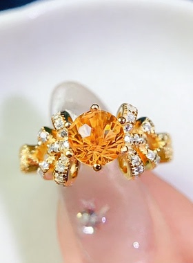 采金金钰925银橙宝石花朵戒指