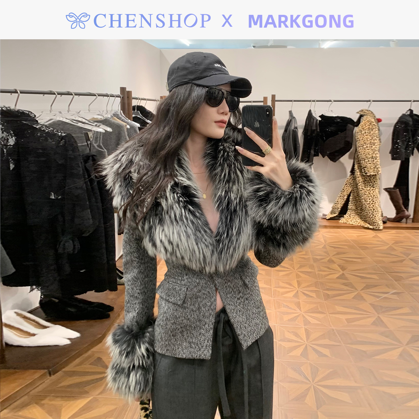 秋冬黑花尼拼貉子毛领西装外套