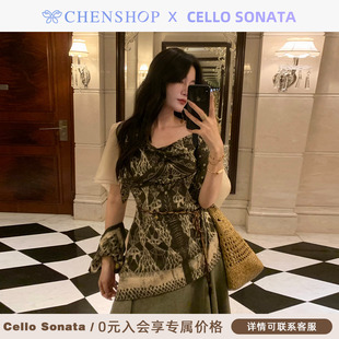 Cello 上衣女CHENSHOP设计师 Sonata早秋新款 串珠印花方巾斜肩衬衫