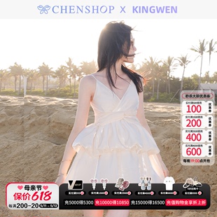 蛋糕裙CHENSHOP设计师品牌 款 甜美浅香槟色水光缎无袖 KINGWEN时尚