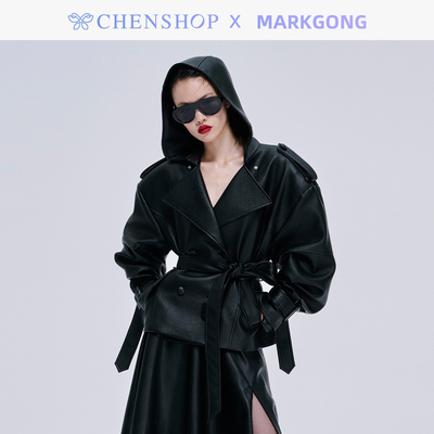 MARKGONG黑色皮革连帽短风衣