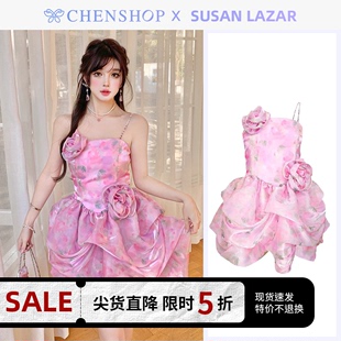 LAZAR层叠花朵收腰流光雾纱吊带花苞公主连衣裙CHENSHOP SUSAN