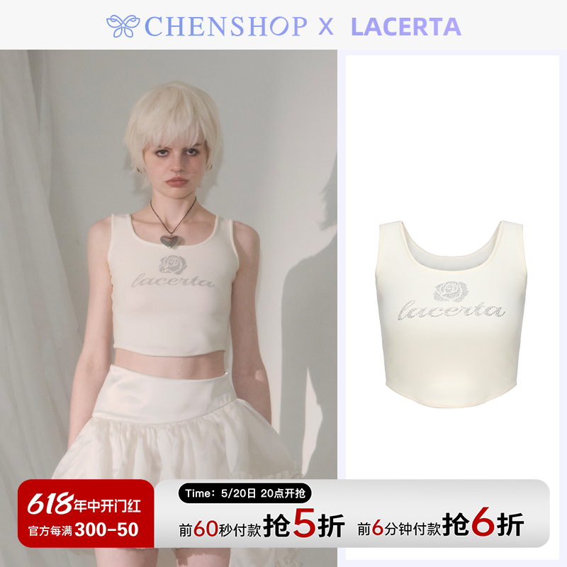 LACERTA时尚甜美奶白色烫钻背心吊带修身百搭CHENSHOP设计师品牌