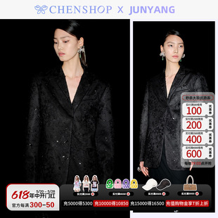 外套CHENSHOP设计师品牌 JUNYANG时尚 简约大气黑色蕾丝廓形西装