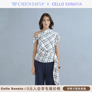 Sonata春夏新款 Cello 格纹斜肩飘带T恤上衣女CHENSHOP设计师品牌
