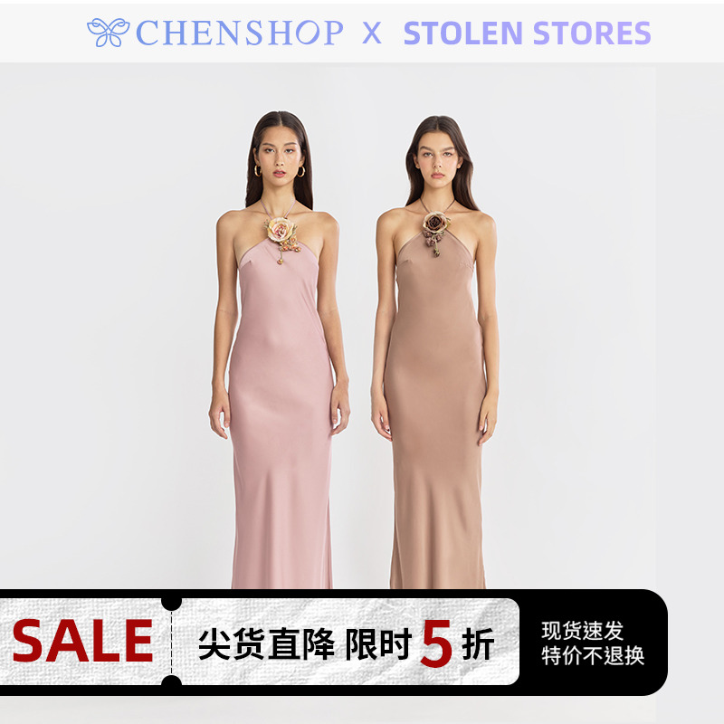 秋冬新款挂脖花朵收腰连衣裙女