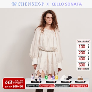 连衣裙新品 Cello Sonata时尚 白色下摆绣花长袖 CHENSHOP设计师品牌