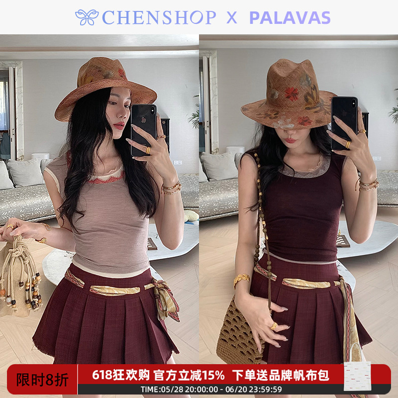 Palavas时尚春夏新款暮色石榴蕾丝短袖T恤女CHENSHOP设计师品牌