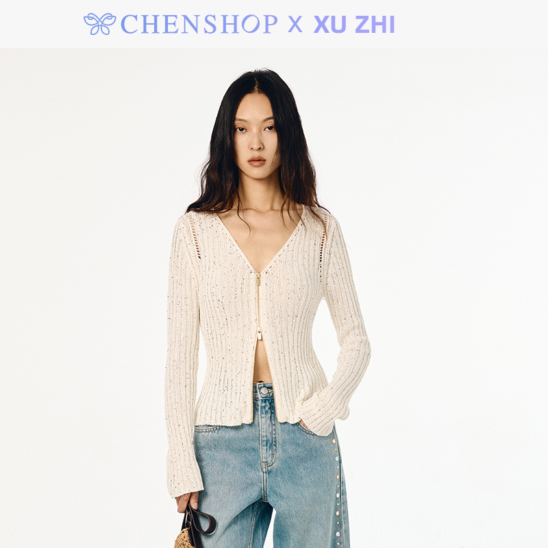 XU ZHI时尚丝棉珠片纱针织开衫上衣百搭CHENSHOP设计师品牌买手店