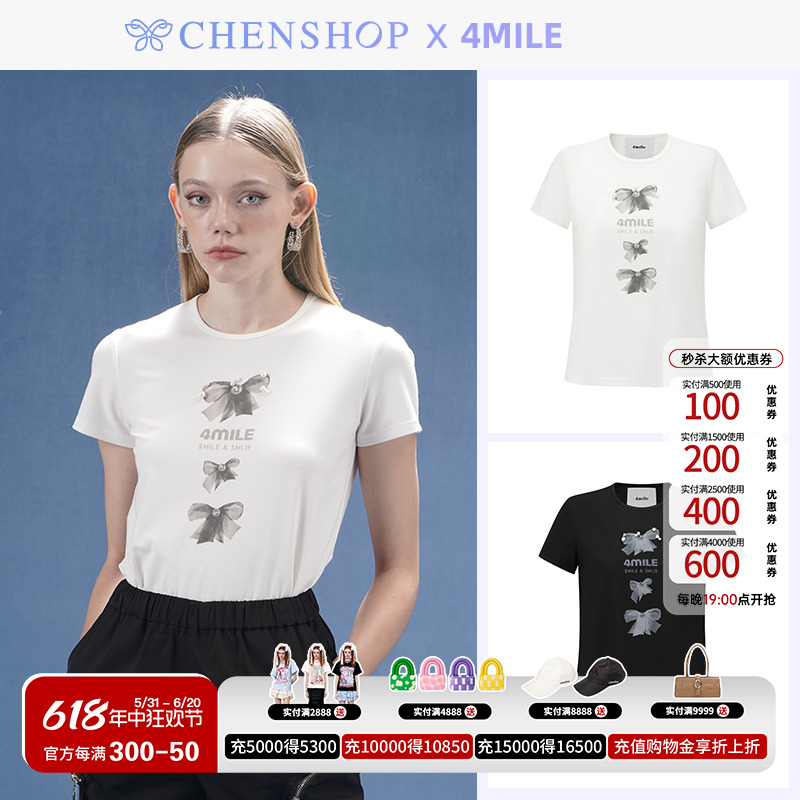 4MILE时尚圆领蝴蝶结印花珍珠Tee短袖上衣百搭CHENSHOP设计师品牌 女装/女士精品 T恤 原图主图