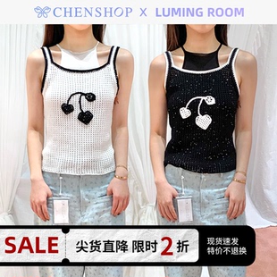 ROOM手工樱桃钩针亮片假两件针织上衣撞色超短裤 LUMING CHENSHOP