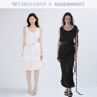 Assignments褶饰绉纱斜边吊带褶饰花边短半裙CHENSHOP设计师品牌