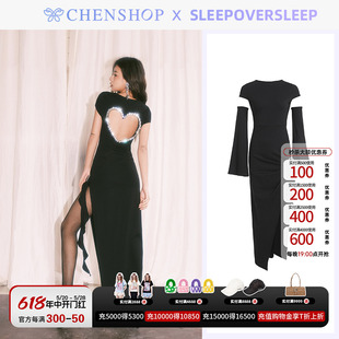 套连衣长裙CHENSHOP设计师 SleepOverSleep钻缀饰爱心镂空可拆卸袖